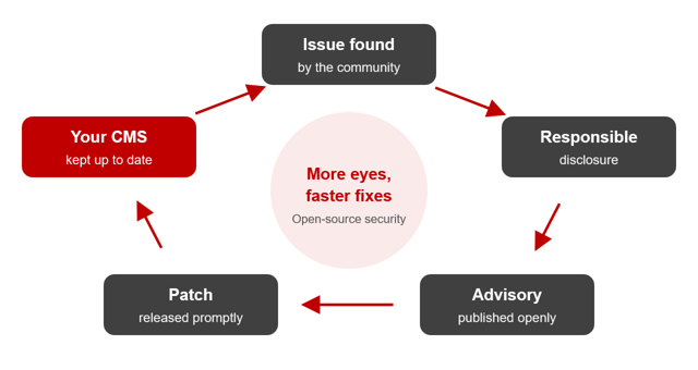 Cycle diagram of open-source security: an issue is found by the community, handled through responsible disclosure, an advisory is published openly, a patch is released promptly, and your CMS is kept up to date. At the centre: more eyes, faster fixes.